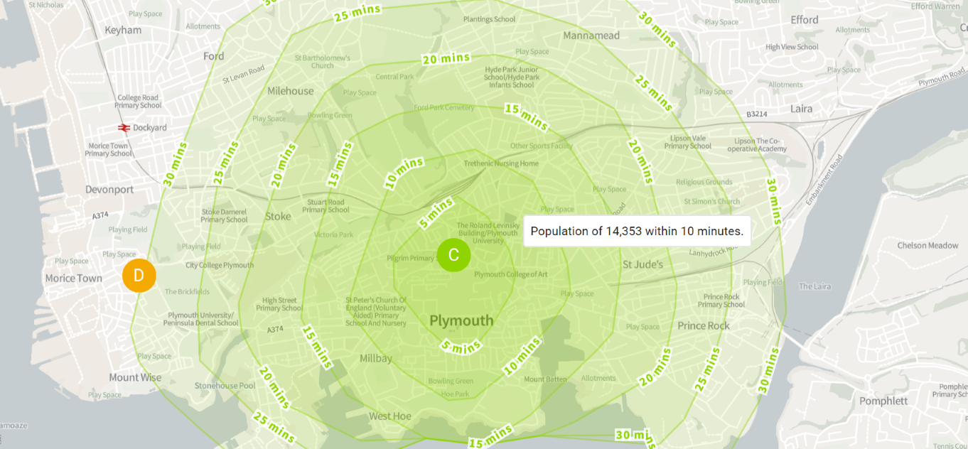Displaying a map with Plymouth Central Library at the centre and walking travel distances around it