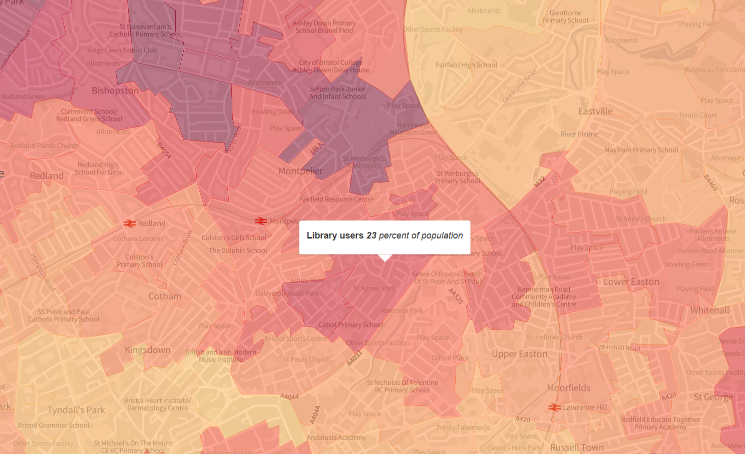 Map displaying shading of LSOAs to represent membership levels across Bristol
