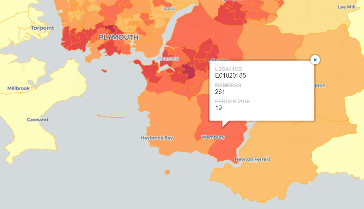 Map displaying shading of LSOAs to represent membership levels across Plymouth